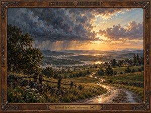 A winding rain-soaked country road threads through green hills beneath towering storm clouds breaking into golden sunlight. A distant farmhouse glows warmly beside a misty valley, while wildflowers and rustic fences anchor the foreground. Rich oil brushwork contrasts cool blue shadows with amber light, framed by carved wood and delicate guitar motifs.