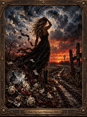 A windswept woman in a flowing black dress faces a fiery rural sunset beneath swirling storm clouds. Shattered mirrors, wilted roses, and scattered papers surround a muddy road, symbolizing heartbreak and defiance. Deep blues contrast with glowing orange light in this richly textured painting, enclosed within an ornate bronze frame.