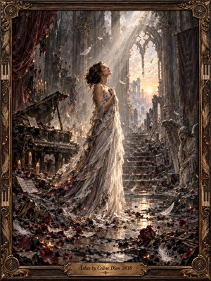 A solitary woman in a flowing ash-streaked gown stands within a ruined cathedral, surrounded by a broken piano, fallen roses, feathers, and smoldering debris. Warm sunrise pours through shattered arches, contrasting charcoal shadows with gold light. The detailed painterly scene feels mournful yet hopeful, suggesting resilience, rebirth, and beauty emerging from devastation.