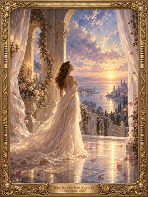 A luminous romantic terrace overlooks a tranquil coastal city at sunset, where a solitary woman in a flowing ivory gown faces the glowing horizon. Ornate columns, roses, candles, and drifting petals create an atmosphere of devotion and wonder. Warm gold, lavender, and blue tones enhance the richly detailed painterly scene.