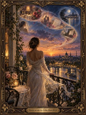 A woman in an ivory gown stands on a Paris balcony at sunset, gazing across the glowing Seine as memories spiral above her in luminous, dreamlike scenes. Warm gold, rose, violet, and midnight blue tones create a tender, nostalgic mood, rendered in a richly painterly style within ornate dark wood and brass framing.