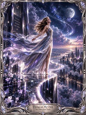 A luminous woman in a flowing silver gown stands above a futuristic city, surrounded by moonlit clouds, stars, and crystalline architecture. Sweeping ribbons of light create graceful motion and freedom, while violet, blue, and silver tones glow with cinematic radiance. An ornate metallic frame completes the dreamlike digital composition.