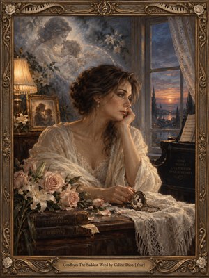A sorrowful woman sits beside a twilight window, surrounded by pale roses, lilies, keepsakes, and softly glowing memories of a mother and child. Warm lamplight contrasts with cool blue dusk, while an ornate musical frame, piano, locket, lace, and fading sunset deepen the nostalgic, intimate oil-painted atmosphere.