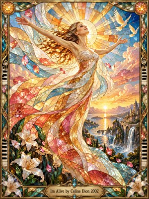 A radiant woman rises with outstretched arms before a glowing sunrise, surrounded by sweeping stained-glass ribbons, drifting petals, birds, lilies, waterfalls, and a distant coastal city. Jewel-like gold, coral, turquoise, and blue tones create an uplifting, triumphant mood, framed by ornate musical details and luminous mosaic textures.