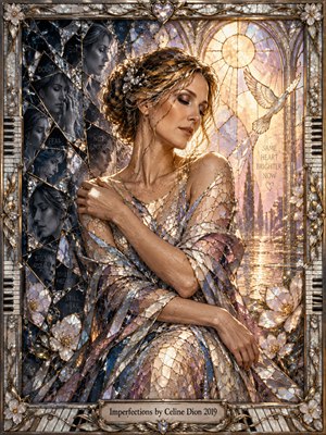 A serene woman embraces herself within an ornate stained-glass mosaic, surrounded by fractured reflections, flowers, and glowing architectural forms. Cool blue shadows shift toward rose, amber, and gold light, creating a mood of vulnerability, healing, and acceptance. Intricate mirrored fragments, piano-key details, and luminous craftsmanship enrich the symbolic composition.