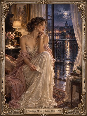 A contemplative woman in an ivory gown sits beside a moonlit balcony overlooking a glowing riverside city. Warm lamplight, cool blue night tones, roses, piano keys, and rain-slick reflections create romantic longing. Painterly realism, ornate gold framing, soft fabrics, and an unopened letter deepen the intimate, hopeful mood.