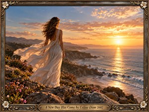 A woman in a flowing cream dress stands on a rocky coastal overlook, facing a radiant sunrise across calm water. Golden light warms distant mountains, cliffs, flowers, and shimmering waves, creating a hopeful, serene mood. Photorealistic cinematic detail and an ornate bronze floral frame complete the uplifting composition.