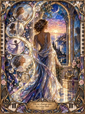 A poised woman stands within a luminous stained-glass arch overlooking a glowing coastal horizon, surrounded by flowing S-curves of memory-filled medallions, clocks, roses, and reflections. Sapphire, amethyst, pearl, and gold tones shimmer with radiant light, creating an elegant, nostalgic, dreamlike Art Nouveau composition about identity enduring through time.