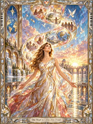 A radiant woman in a flowing stained-glass gown stands beneath a luminous sunrise, surrounded by an ascending S-curve of glowing memories, doves, and symbolic figures. Jewel-like blues, rose, gold, and ivory shimmer through ornate glasswork, while reflective water, distant arches, and a musical frame create an uplifting, unified atmosphere.