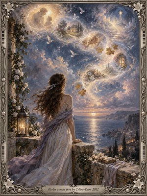 A woman in a flowing pale gown overlooks a moonlit coastal village as luminous memories spiral through dramatic clouds above. Soft blues, silver, cream, and gold create a tender, reflective mood. Painterly light, doves, autumn leaves, distant architecture, and glowing symbolic scenes are enclosed by an ornate floral silver frame.