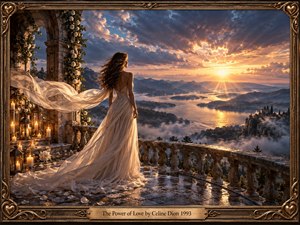 A woman in a flowing ivory gown stands on a candlelit stone terrace overlooking a misty river valley at sunset. Golden light breaks through dramatic blue clouds, illuminating distant mountains and a castle. Roses, lanterns, reflective stone, and an ornate gilded frame create a romantic, cinematic, dreamlike atmosphere.