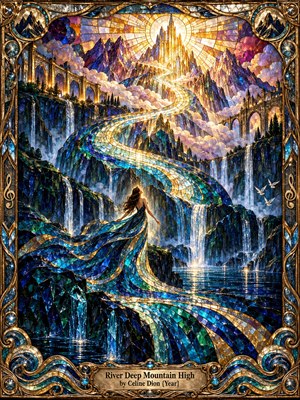 A solitary woman in a flowing blue mosaic gown stands above a luminous river winding through jeweled cliffs toward radiant mountain peaks. Ornate stained glass, bronze filigree, cascading waterfalls, cathedral arches, and golden sunrise light create a majestic, romantic mood, framed by deep teal, violet, emerald, and amber tones.