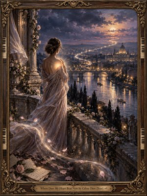 A solitary woman stands on a flowered stone balcony above a glowing river city, wrapped in flowing pale fabric as a warm light radiates from her heart. Deep blue, violet, rose, and gold tones create a wistful romantic mood, while luminous trails, drifting petals, reflections, and ornate musical framing enrich the painterly scene.