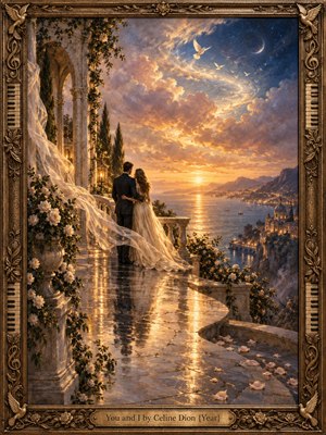 A couple stands embraced on a rose-covered marble terrace above a glowing coastal city at sunset. Golden reflections sweep across the sea beneath dramatic peach and blue clouds, soaring doves, and a crescent moon. Luminous oil painting, classical architecture, flowing fabric, and an ornate musical frame create a romantic, timeless atmosphere.