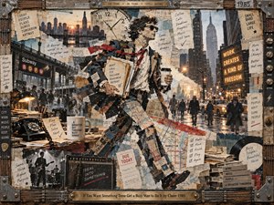A determined figure in sunglasses strides through a bustling city, carrying papers and coffee amid clocks, subway maps, handwritten notes, and glowing signs. Layered collage textures combine smoky blues, warm amber, and weathered cream, conveying energetic urgency and ambition. Riveted metalwork, musical details, and an engraved brass title plate complete the frame.