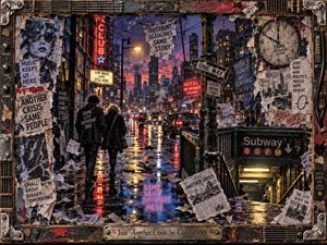 Two shadowed figures walk through a rain-soaked city street crowded with torn posters, newspapers, and glowing signs. Neon reds and golden reflections cut across deep violet dusk, creating restless urban tension. This detailed mixed-media collage combines gritty textures, a subway entrance, looming clock, and a weathered guitar-hardware frame.