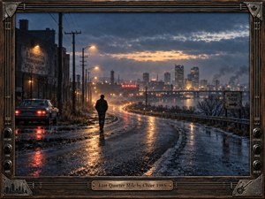 A lone figure walks along a rain-slick road toward Winnipegs glowing skyline at dusk. Amber streetlights and red taillights shimmer across dark pavement beneath brooding blue-gray clouds. An old sedan, industrial buildings, and hopeful roadside signs evoke 1980s nostalgia. Cinematic photographic detail fills an ornate wood-and-metal musical frame.