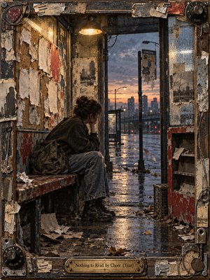 A solitary young woman sits inside a weathered urban shelter, surrounded by torn notices, scattered papers, and empty shelves. Beyond her, rain-soaked streets reflect a fading orange sunset. Warm lamplight contrasts with blue-gray shadows, while distressed collage textures, rusted musical hardware, and an engraved brass frame reinforce the melancholic atmosphere.