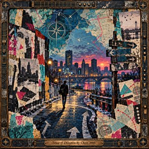A lone figure walks a rain-slick riverside path toward a glowing city skyline at sunset. Torn maps, compass symbols, directional signs, and vintage photographs form a richly textured collage. Deep teal, magenta, and golden reflections evoke restless hope, while an ornate, instrument-inspired metallic frame surrounds the atmospheric scene.