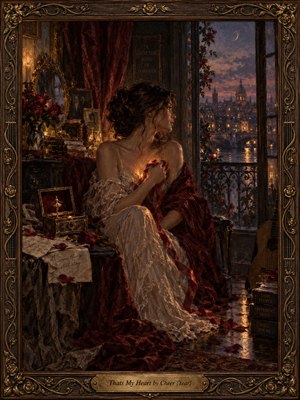 A wistful woman in flowing ivory and burgundy sits beside a balcony window, clutching a crimson ribbon against her glowing chest. Beyond her, a twilight city shimmers across water. Roses, letters, and an antique music box fill the candlelit room. Rich oil textures, golden highlights, and an ornate wooden frame evoke nostalgic romance.