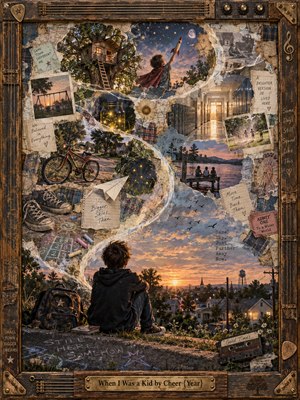 A solitary teenager overlooks a glowing small town sunset as an S-shaped ribbon of childhood memories spirals upward. Bicycles, treehouses, fireflies, photographs, and paper airplanes emerge from layered, weathered collage textures. Warm amber light and dusky blues create bittersweet nostalgia, enclosed within an intricately detailed wooden musical frame.