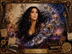 A glamorous portrait of Cher dominates a richly layered dreamscape of concert lights, cosmic swirls, memory bubbles, roses, instruments, vinyl, tickets, and handwritten notes. Deep purples, warm golds, and soft amber lighting create a nostalgic yet triumphant mood, framed by ornate metallic scrollwork and a refined engraved title plate.