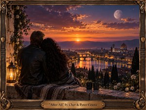 A couple sits closely together on a stone terrace overlooking a glowing riverside city at sunset. Warm orange light reflects across bridges and rooftops beneath dramatic violet clouds and a pale moon. Flowers, lantern light, mugs, textured fabric, and an ornate musical frame create a romantic, nostalgic, cinematic atmosphere.