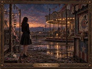 A solitary woman in black stands before an abandoned carnival at dusk, facing a glowing carousel beneath a bruised violet sky. Muddy reflections, scattered rose petals, a discarded white rose, weathered targets, and a distant Ferris wheel deepen the melancholy. Richly textured oil-paint styling, warm amber lights, and a dark ornate frame create nostalgic, romantic tension.