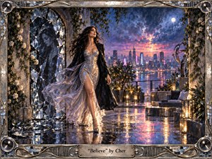 A poised woman in a shimmering silver gown strides across a rain-glossed terrace above a luminous city, leaving a fractured mirrored reflection behind. Violet, blue, pink, and gold light fills the stormy night, creating a mood of heartbreak, release, and renewal. Ornate metallic framing and glowing reflections add dramatic, handcrafted elegance.