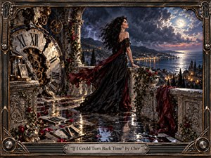 A windswept woman in a flowing black and crimson gown stands on a moonlit coastal terrace beside a shattered clock and exposed gears. Storm clouds, distant lightning, glowing shoreline lights, wet reflective stone, roses, and bronze details create a dramatic mood. Rich painterly textures and an ornate metallic frame emphasize regret, memory, and resilience.
