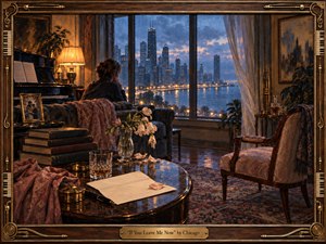 A solitary woman sits beside a grand piano in a warmly lit apartment, gazing across rainy Chicago at twilight. Amber lamps contrast with cool blue city lights reflected on the water. Wilted flowers, an empty chair, letters, and framed memories deepen the melancholy. Rich painterly textures and an ornate musical frame create elegant nostalgia.