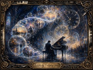 A solitary pianist performs inside a vast cathedral-like dreamscape where luminous clocks and floating memory bubbles curve through the scene. Deep midnight blues, warm gold, and silver reflections create a contemplative mood. Painterly textures, rain-slick floors, glowing architecture, and an ornate musical frame suggest time, memory, longing, and quiet wonder.