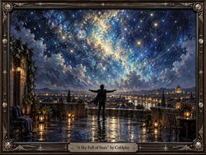 A lone figure stands arms outstretched on a rain-slick rooftop terrace, gazing over a glowing city beneath a vast, star-filled sky. Deep blues, turquoise, silver, and warm gold create an uplifting, dreamlike mood. Painterly textures, luminous reflections, sweeping celestial light, and an ornate cosmic frame heighten the sense of wonder.