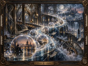 A dreamlike clockwork city unfolds beneath a moonlit sky, where glowing memory bubbles drift along a luminous S-shaped river of time. Deep blues, bronze, and amber lights create a reflective, melancholic mood. Gothic architecture, piano keys, suspended clocks, mist, and intricate mechanical framing give the scene a richly handcrafted, surreal character.