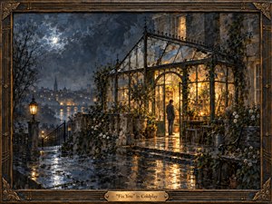 A solitary figure stands beside a glowing greenhouse on a rain-soaked terrace overlooking a moonlit city. Cool blues and charcoal shadows contrast with warm amber light reflecting across wet stone. Rich painterly textures, weathered glass, climbing vines, flowers, and an ornate bronze frame create a melancholic yet hopeful atmosphere of quiet restoration.