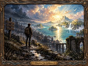 A lone traveler stands on weathered ruins overlooking a radiant coastal paradise of turquoise water, waterfalls, distant mountains, and a glowing castle. Dark storm clouds recede into brilliant golden sunlight, creating a hopeful, dreamlike mood. Rich painterly textures, reflective puddles, ancient stonework, and an ornate carved frame deepen the cinematic fantasy atmosphere.