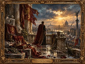 A solitary fallen ruler stands on a weathered palace terrace overlooking a restless city at sunset. Torn crimson banners, a discarded crown, and crumbling stone suggest lost power and fading glory. Golden light pierces storm clouds, illuminating domes and distant crowds in a dramatic, richly textured classical oil-painting style.