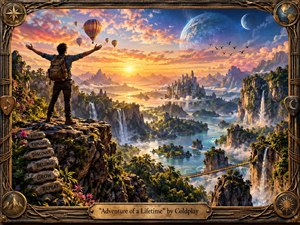 A jubilant traveler stands atop a rugged cliff overlooking a fantastical valley of waterfalls, islands, rivers, and distant mountains. Golden sunrise light fills the sky with vivid orange, pink, blue, and violet tones, creating an uplifting sense of wonder. Richly detailed fantasy painting, ornate handcrafted frame, balloons, birds, and cosmic scenery.