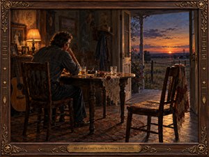 A weary man sits alone at a rustic table, facing an empty chair and a distant sunset beyond the open doorway. Faded photographs, whiskey glasses, and a wilted rose evoke lost love. Warm amber lamplight contrasts with dusky blue fields in this richly textured oil painting, enclosed by ornate carved wood.