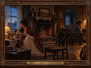 A wistful oil painting portrays a woman by a blue twilight window and a man turned away across a rustic room. Dying fireplace embers and amber lamps warm weathered wood, lace, and scattered keepsakes. Deep browns and burgundy intensify their silent distance, enclosed by an ornate carved frame with a brass title plate.