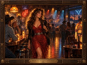 A glamorous woman in a shimmering red dress commands attention inside a lively 1980s country saloon. Warm amber lamps, colorful neon signs, dancing couples, and performing musicians create a romantic, nostalgic atmosphere. Rich oil painting textures, glowing reflections, and an ornate carved wooden frame with brass accents complete the scene.