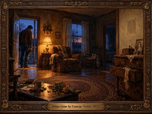 A solitary man pauses in the doorway of a worn country home, holding his hat beneath fading blue twilight. Amber lamplight warms an empty armchair, wilted roses, and an open dresser, while deep shadows suggest heartbreak and absence. Rich oil-painted textures and an ornate carved wooden frame evoke nostalgic country sorrow.