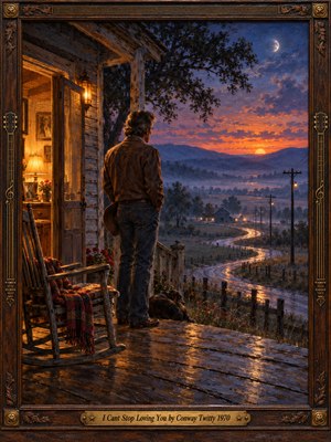 A solitary man stands on a weathered farmhouse porch, gazing across misty hills and a winding country road. Warm amber lamplight contrasts with violet twilight, distant sunset, and a crescent moon. An empty rocking chair deepens the melancholy. Rich oil brushwork and an ornate guitar-themed wooden frame evoke enduring heartbreak.