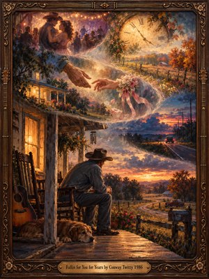 A weathered cowboy sits quietly on a farmhouse porch beside a sleeping dog, gazing across a sunset valley. Above him, swirling memories of a country dance, reaching hands, flowers, and an antique clock trace passing years. Warm amber and dusky blue oil brushstrokes glow within an ornate carved wooden frame.