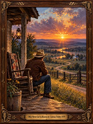 A lone cowboy sits on a weathered porch beside a quilted rocking chair, overlooking a winding road, small church, and glowing valley. An amber sunset breaks through violet clouds, gilding rolling hills and distant water. Rich oil brushstrokes, lantern light, and an ornate carved wooden frame deepen the quiet longing.