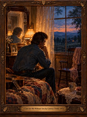 A solitary man sits hunched beside a country window at dusk, surrounded by a guitar, faded photograph, and empty chair. Amber lamplight warms the rustic room while blue hills recede beneath a rose-colored sky. Rich oil-painted textures, lace curtains, reflected shadows, and an ornate wooden frame deepen the quiet heartbreak.