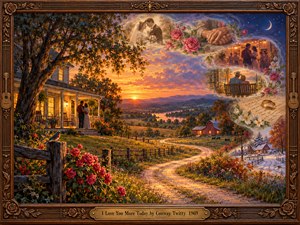 A glowing country lane winds past a farmhouse where a couple embraces beneath an amber sunset. Dreamlike memories of weddings, dances, and passing seasons blend into violet skies above rose-covered fences. Rich oil painting textures and golden light evoke enduring romance, surrounded by an ornate carved wooden frame with brass accents.