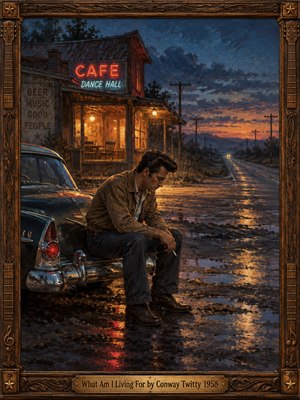 A solitary man slumps against a vintage car outside a glowing roadside cafe at dusk. Rain-slick pavement reflects crimson neon and amber windows, while an empty highway disappears beneath a stormy blue sky. Rich oil brushwork captures heartbreak and isolation, enclosed by carved wooden framing and an aged brass title plate.
