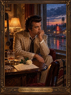A contemplative country gentleman in an embroidered cream suit gazes through a rain-streaked window toward a neon-lit street. Warm lamplight illuminates a handwritten letter, white rose, whiskey glass, and guitar. Rich amber and blue tones evoke longing and sincerity in this nostalgic oil painting, enclosed by an ornate bronze-accented frame.
