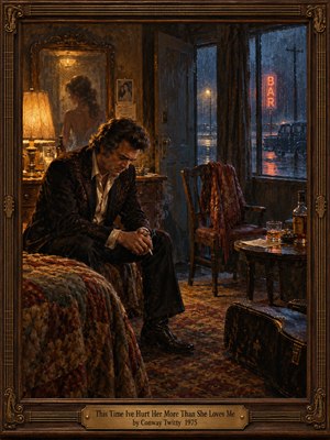 A weary man sits hunched in a dim 1970s room, smoke rising beneath amber lamplight. An empty chair and a womans ghostly reflection suggest lost love, while cold rain glistens beyond a red neon bar sign. Rich oil brushwork, deep shadows, and an ornate wooden frame evoke sorrowful regret.